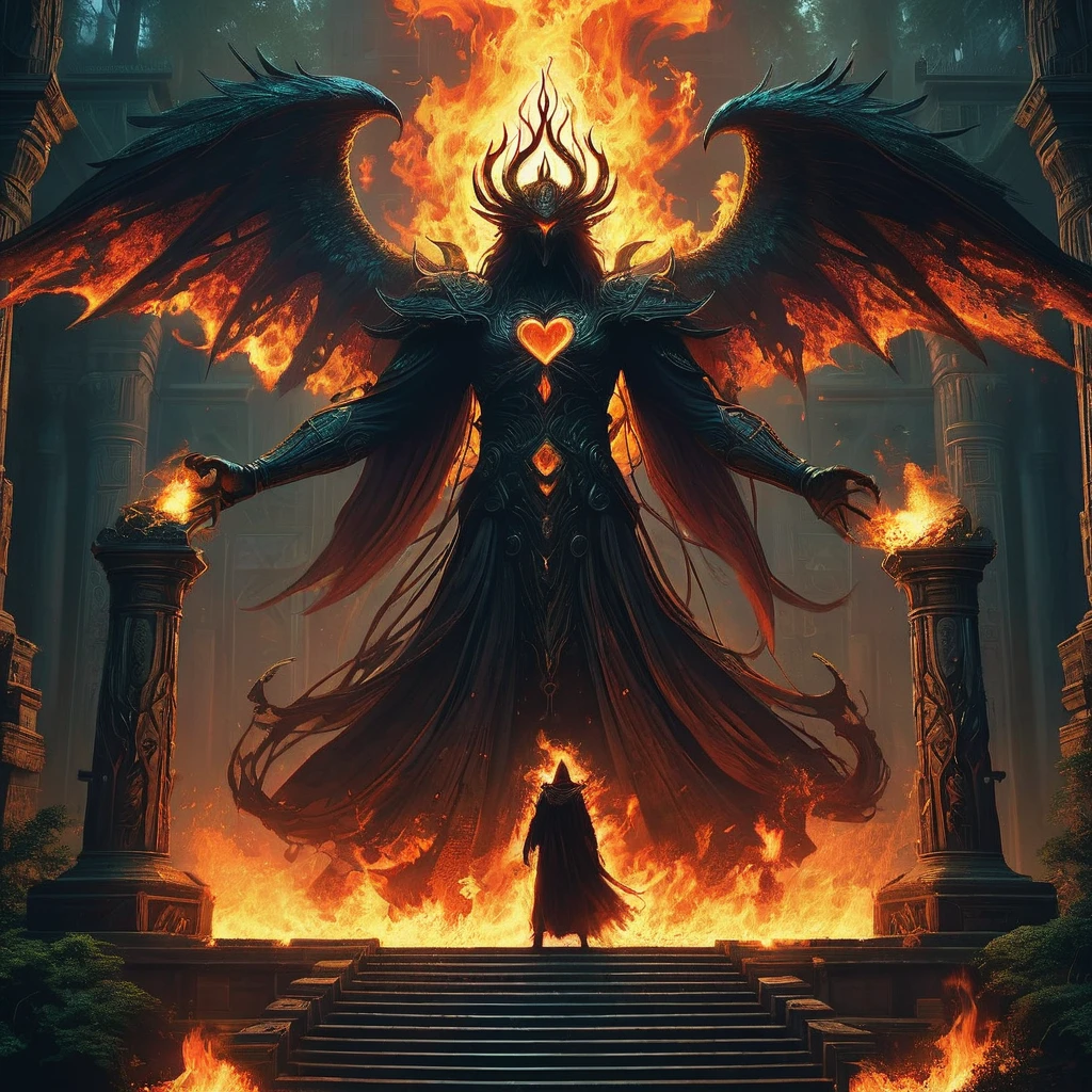 In the heart of a foreboding temple, deep within a shadowed forest, resides a flamesman—a mysterious figure cloaked in fire. Legends whisper of their power, borne from an ancient pact with elemental forces. As darkness encroaches and the temple walls echo with arcane chants, the flamesman emerges from the inferno, their burning eyes ablaze with secrets and the promise of forbidden knowledge. Tell the tale of this enigmatic guardian, their role in the temple's cryptic rituals, and the price they exact upon those who dare to seek their fiery wisdom.