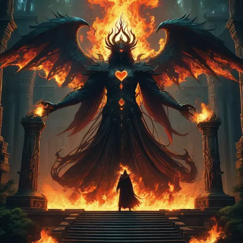 in the heart of a foreboding temple, deep within a shadowed forest, resides a flamesman—a mysterious figure cloaked in fire. leg...