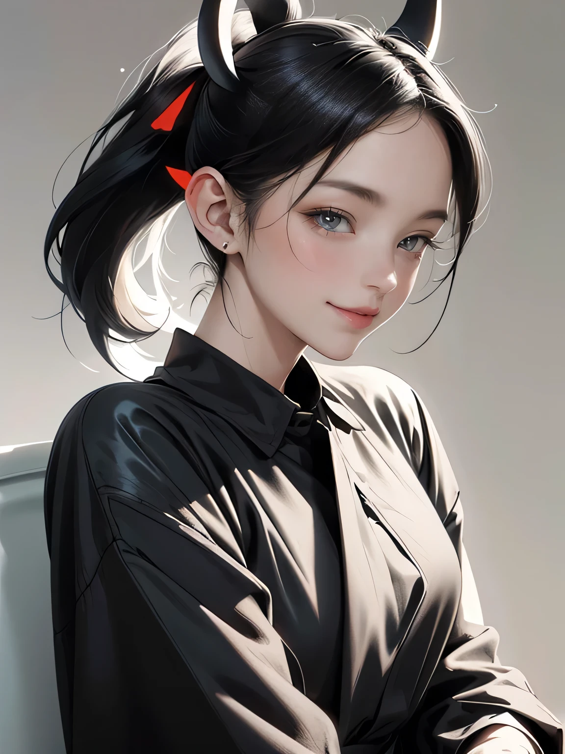 Black Hair, Short Ponytail, Fuji frame, Angel Halo, Devil horns, Variegated eyes, Pointed Ears, smile, Young people, Conceptual Art, realism, Chiaroscuro, Anatomically correct, Textured skin