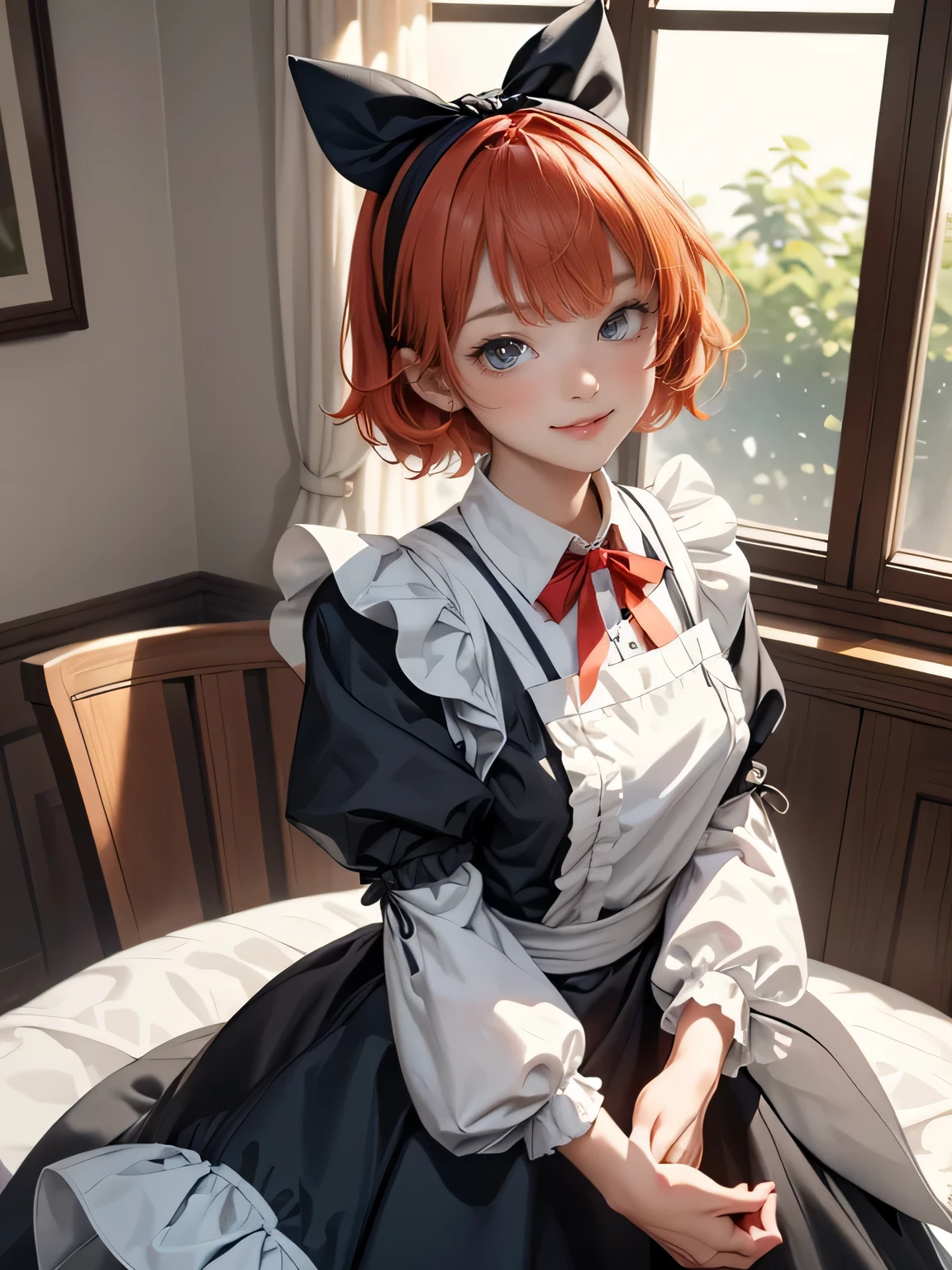 masterpiece,Highest quality,anime,(2D:1.2),indoor, ,  One girl, roswaal mansion Maid uniform, alone, Maid, Cyan blue eyes, short hair,bow hairband, Hair between the eyes, Removable sleeves, View your viewers, Red Hairband,ribbon, bangs, Recall, bow, Orange Hair,red ribbon, Black sleeves, window, Long sleeve, apron, white bow, Frills,ribbon trim,A light smile, with own hands,