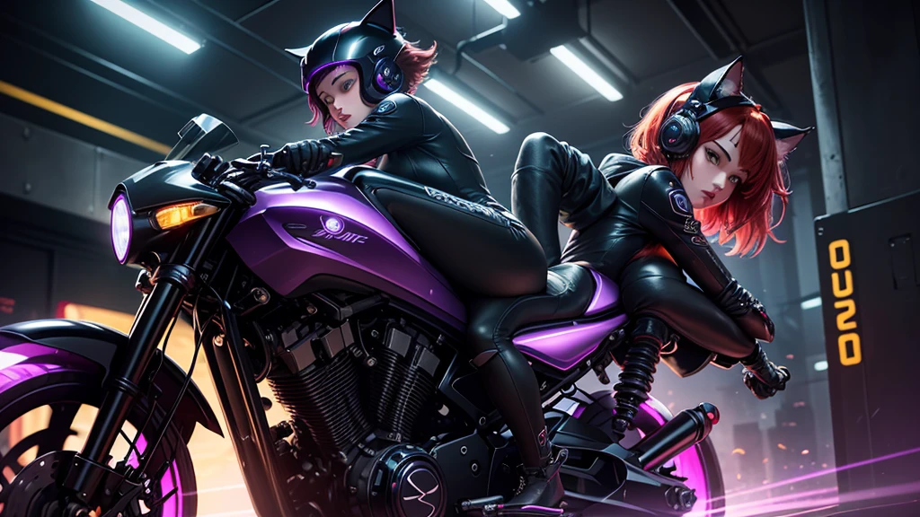 The image shows an illustrated character sitting on a motorcycle.. The character has short hair and wears a suit with black-violet colors and yellow neons that surround his prominent bodysuit.... The motorcycle looks big and futuristic., same color palette with elegant lines and luminous elements. The background suggests an urban environment illuminated with neon lights., possibly at night. There are various shapes and patterns reminiscent of digital or cybernetic motifs..., contributing to the overall sci-fi look of the image.. I imagine this girl with a futuristic appearance and full of mystery.. His body is wrapped in a purple and black jumpsuit.., Shiny chains entwine around his arms and legs., as if they were metallic tattoos. The three-strand necklace, with its padlock in the shape of digits, It is their symbol of submission and devotion.. Her red hair falls in waves over her shoulders..., and his green eyes shine with a mixture of passion and obedience. The black dress fits her curves., enhancing her voluptuous figure. Each chain that tightens around her skin is a reminder of her role as a beloved slave.... In the dark garage, the girl prepares for her master. The cyberpunk motorcycle awaits you, Its shiny surface reflects the neon lights of the city. The cat-shaped helmet gives it a mysterious look., and the tail that extends from the back of the seat seems to have a life of its own. She rides the motorcycle with grace., speeding into the night. The wind whistles in his ears as he walks through the dark streets., ready to carry out your master&#39;orders. In this futuristic world, where technology and passion intertwine, she is his slave, your confidant and your lover. The girl with the chains and a cyberpunk motorcycle is an enigma, a mixture of desire and slavery. Their story unfolds under the twinkling lights of the city.., and his figure becomes a legend in the night streets. SIMILAR TO IP:but