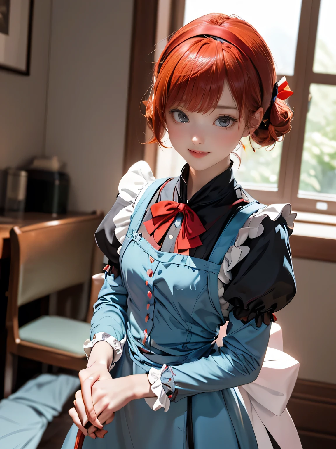 masterpiece,Highest quality,anime,(2D:1.2),indoor, ,  One girl, roswaal mansion Maid uniform, alone, Maid, Cyan blue eyes, short hair,bow hairband, Hair between the eyes, Removable sleeves, View your viewers, Red Hairband,ribbon, bangs, Recall, bow, Orange Hair,red ribbon, Black sleeves, window, Long sleeve, apron, white bow, Frills,ribbon trim,A light smile, with own hands,