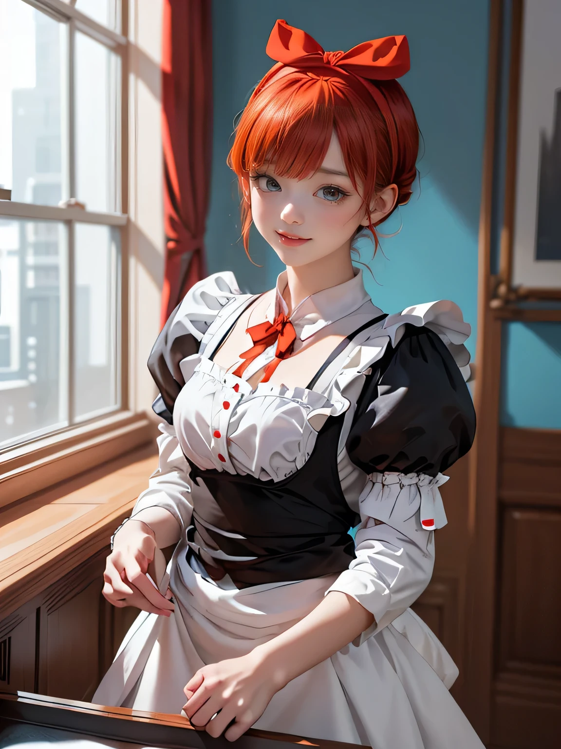 masterpiece,Highest quality,anime,(2D:1.2),indoor, ,  One girl, roswaal mansion Maid uniform, alone, Maid, Cyan blue eyes, short hair,bow hairband, Hair between the eyes, Removable sleeves, View your viewers, Red Hairband,ribbon, bangs, Recall, bow, Orange Hair,red ribbon, Black sleeves, window, Long sleeve, apron, white bow, Frills,ribbon trim,A light smile, with own hands,