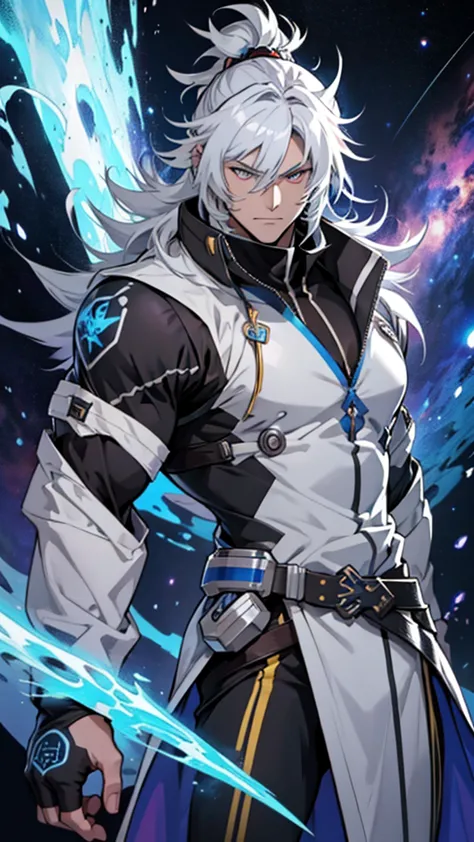 naughty man;
masculine;
brawny;
platinum colored hair;
long and spiky hair;
bluish gray skin (avatar type);
plasma veins;
black ...