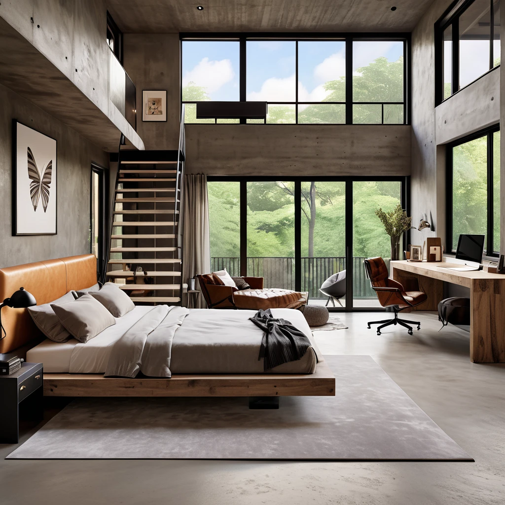 Diseña un dormitorio tipo loft moderno y elegante con una estética minimalista. La habitación cuenta con una zona inferior para dormir con una cama y una zona de estar con dos sillas tipo mariposa de cuero y una pequeña mesa de café.. Una escalera conduce a una zona superior tipo loft con otra cama.. El espacio tiene una mezcla de texturas de hormigón y madera., creando una apariencia sofisticada y contemporánea. Grandes ventanales y un tragaluz permiten que la luz natural inunde la habitación., mejorar la atmósfera abierta y aireada. Añade algunos elementos decorativos minimalistas para completar el diseño elegante..