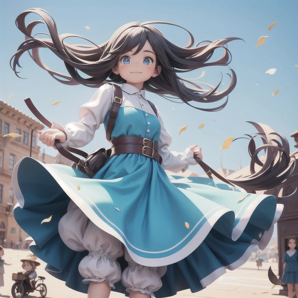 Girl 、Medieval dress with panniers、Fabric Realism、Low - Angle、Wearing bloomers、I can see the drawers、Pull up the hem of your dress with your hands、Strong winds、blue sky