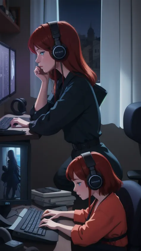 lofistudy, 1girl, from side, typing, redhead, blue eyes, chair, computer, headphones, indoors, keyboard_\(computer\), laptop, mo...