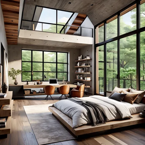 Create a contemporary loft bedroom with a sleek and minimalist design. The lower level should include a comfortable bed and a co...
