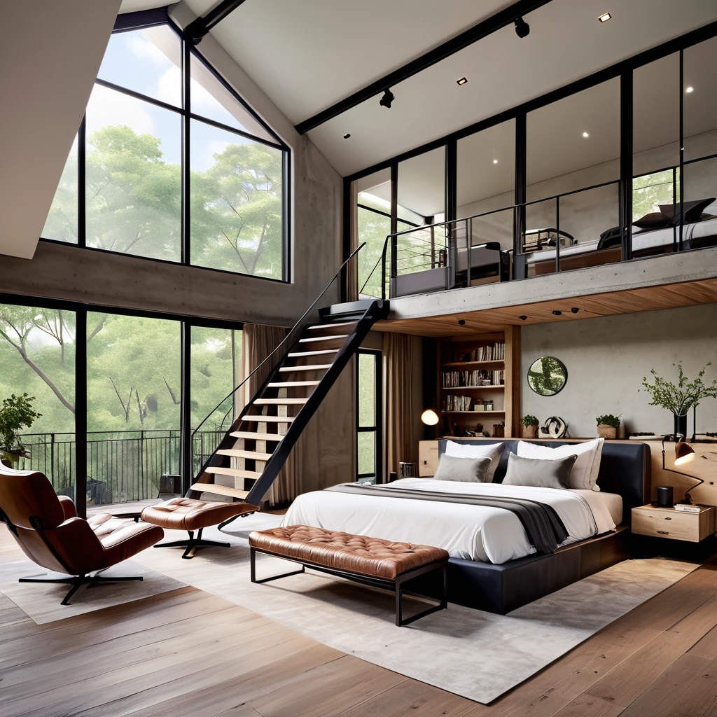 Design an elegant loft bedroom that blends modern style with minimalist decor. The room features a lower sleeping area with a bed, accompanied by a sitting area with two leather butterfly chairs and a small coffee table. A staircase leads to an upper loft that houses another bed. Use a mix of concrete and wood materials to create a refined and contemporary ambiance. Ensure the space is filled with natural light from large windows and a skylight, emphasizing the open and airy feel. Add simple, minimalistic decorations to complete the sophisticated look.