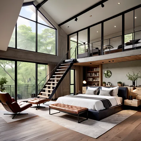 Design an elegant loft bedroom that blends modern style with minimalist decor. The room features a lower sleeping area with a be...