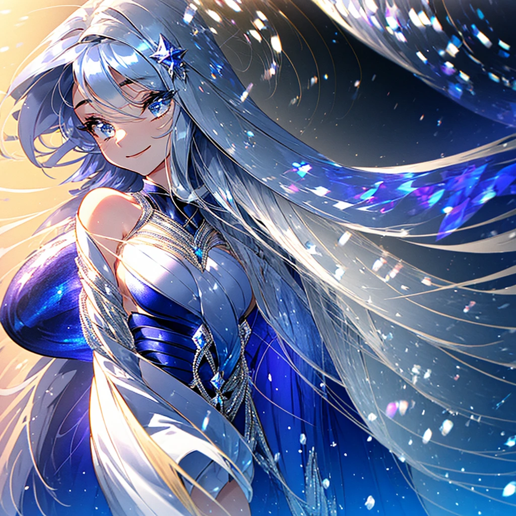 Beautiful girl, long loose silver hair with some blue at the end, perfect body, a beautiful smile, star like pattern golden blue eye, gorgeous goddess outfit in black and silver color and a purple mysterious coat that swinging by wind