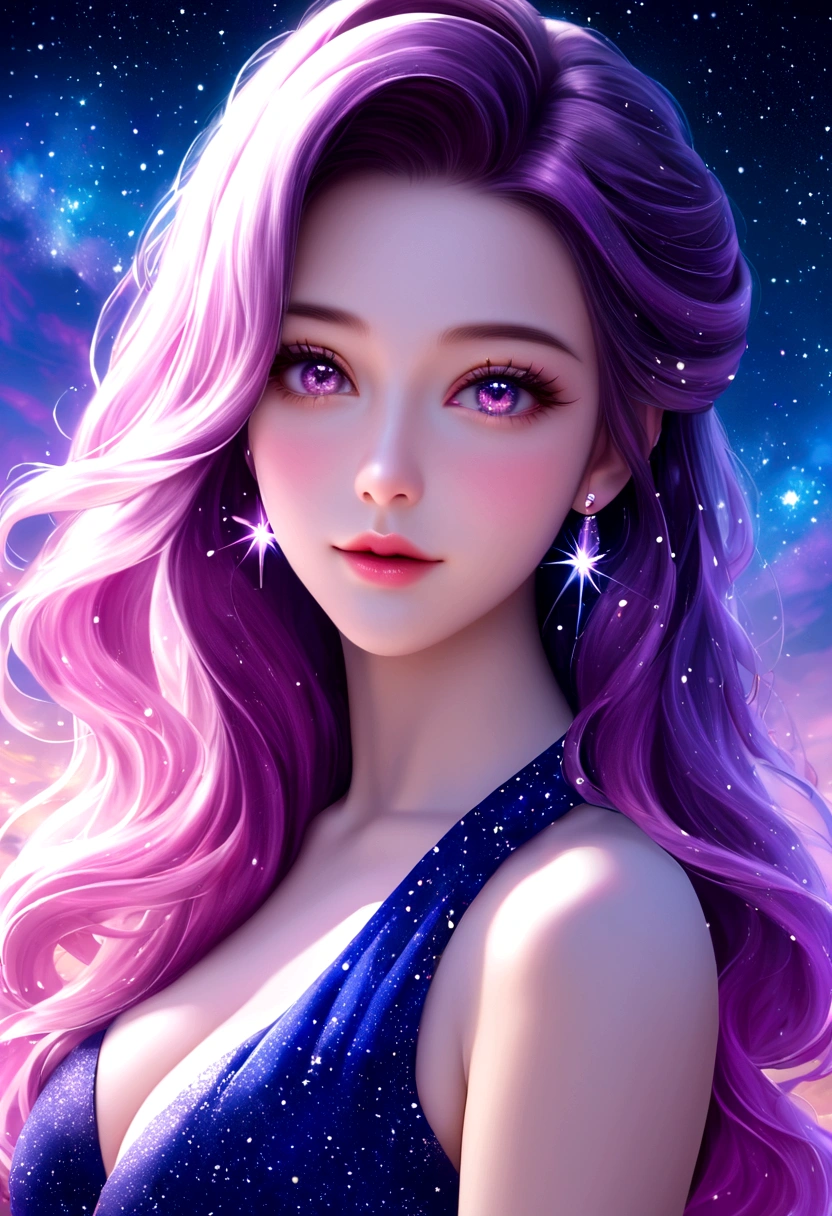 Alto detalle, Súper detalle, Resolución ultraalta, Chica disfrutando del tiempo en una galaxia de fantasía., rodeado de estrellas, La cálida luz brilla sobre ella, El fondo es cielo estrellado，Hay galaxias coloridas y nubes de galaxias., Las estrellas volaban a su alrededor, cara delicada, Añade un ambiente divertido , 