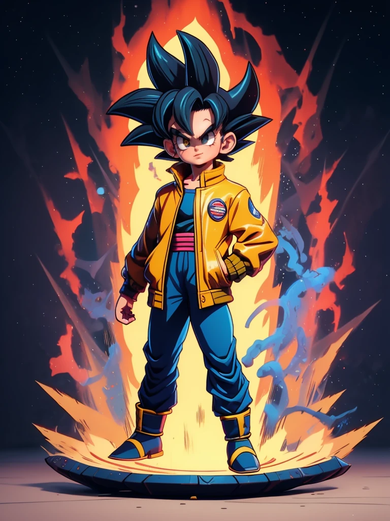 ((1 hombre, solo)) (Obra maestra), mejor calidad, ultra detallado, Vegeta de Dragon Ball z, estilo retro, cuerpo completo. tela de moda, chaqueta de jean, elegante. un hombre