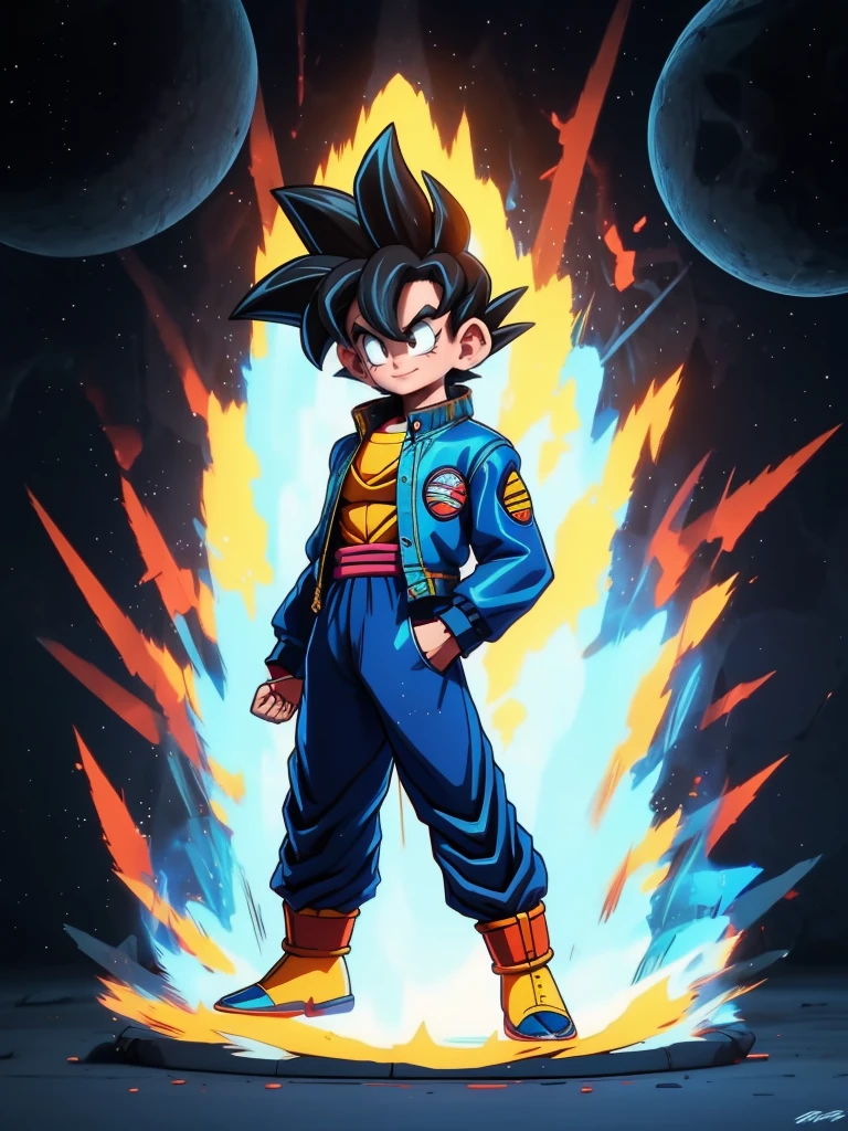 ((1 hombre, solo)) (Obra maestra), mejor calidad, ultra detallado, Vegeta de Dragon Ball z, estilo retro, cuerpo completo. tela de moda, chaqueta de jean, elegante. un hombre