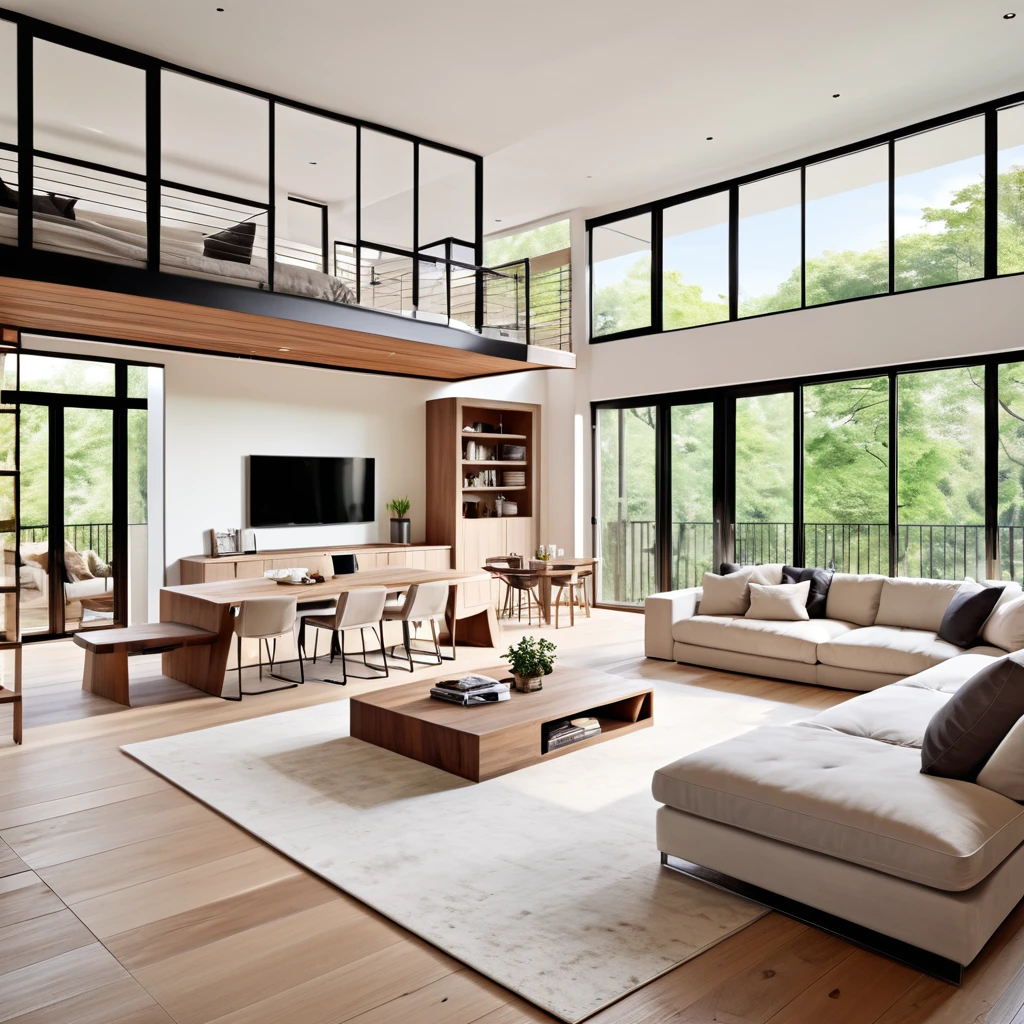 Desenhe um loft moderno e espaçoso com um layout de planta aberta. O loft apresenta uma elegante sala de estar branca com um sofá seccional grande, um centro de entretenimento minimalista, e um tapete aconchegante. A área da cozinha inclui uma ilha de madeira com banquetas brancas e eletrodomésticos modernos. Um nível de mezanino superior abriga um quarto com uma cama confortável, um canto de leitura, e armários embutidos. O espaço é claro e arejado, com grandes janelas que permitem a entrada de luz natural. O design geral é elegante e contemporâneo, com linhas limpas e uma paleta de cores neutras