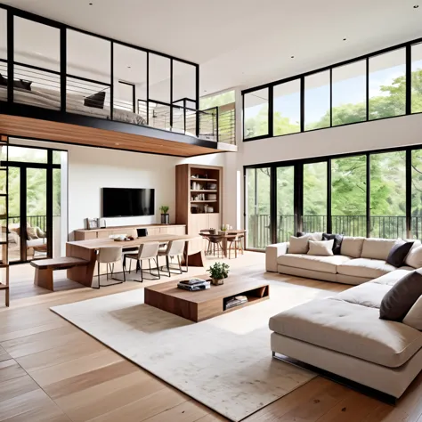 design a modern and spacious loft with an open-plan layout. the loft features a sleek white living room with a large sectional s...