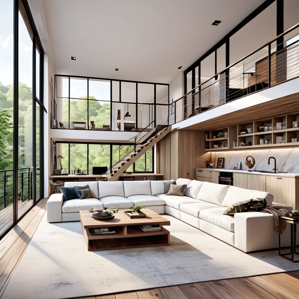 Projete um loft elegante e aberto com uma estética moderna. A sala de estar deve incluir um espaçoso sofá secional branco, uma configuração de entretenimento minimalista, e um tapete macio. A área da cozinha deverá apresentar uma ilha de madeira com bancos brancos e eletrodomésticos contemporâneos. No mezanino superior, crie um quarto com uma cama confortável, um recanto de leitura relaxante, e armazenamento embutido. O loft deve ser preenchido com luz natural proveniente de grandes janelas, enfatizando a atmosfera luminosa e arejada. O design deve focar em linhas limpas, um esquema de cores neutras, e um visual sofisticado