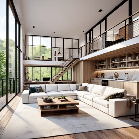 Design an elegant and open loft with a modern aesthetic. The living room should include a spacious white sectional sofa, a minim...