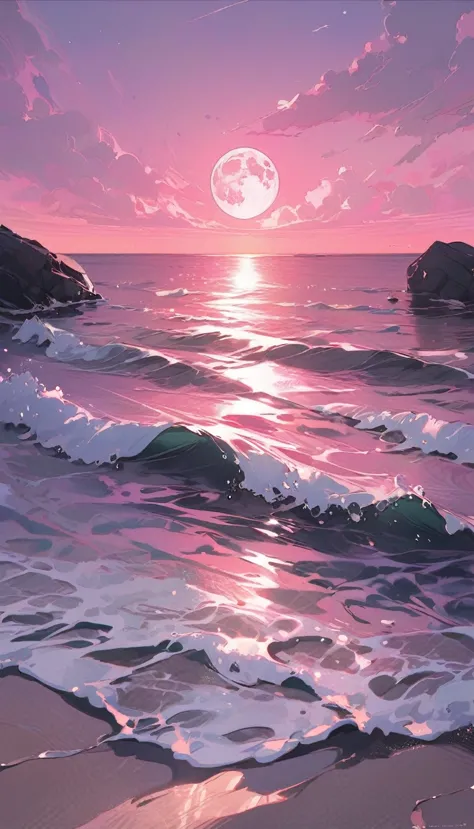 Pink moon and sea