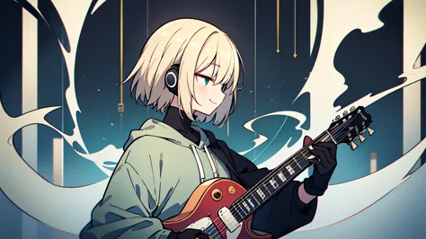 ((highest quality)), ((masterpiece)), (be familiar with), (playing guitar in a dark room late at night)short hair、perfect face,w...