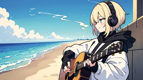 ((highest quality)), ((masterpiece)), (be familiar with), (playing guitar on the beach)short hair、perfect face,white half-up hai...