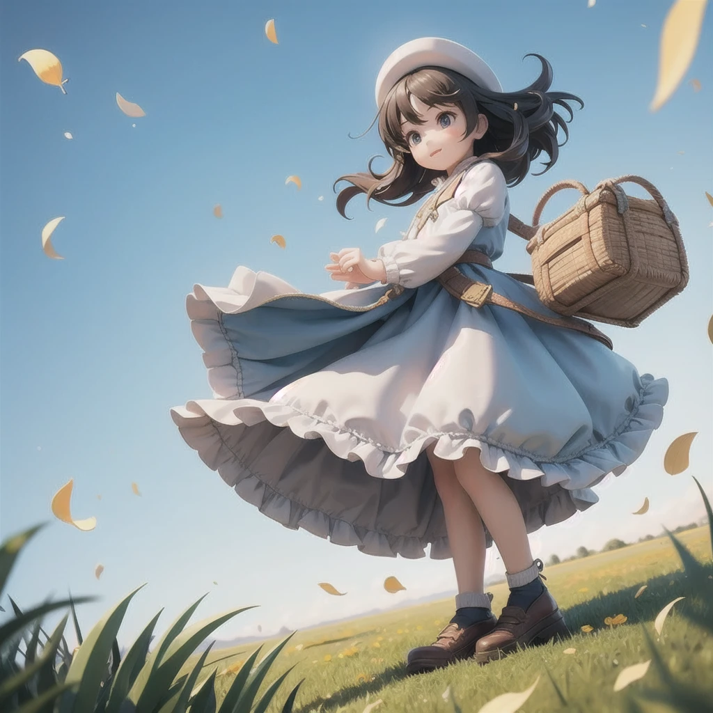 Girl 、Medieval dress with panniers、Fabric Realism、Low - Angle、Wearing bloomers、I can see the drawers、Pull up the hem of your dress with your hands、Strong winds、blue sky