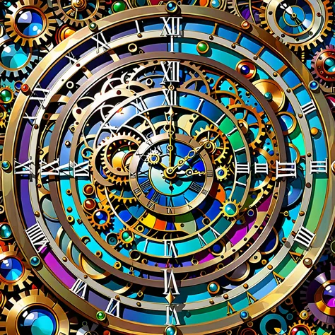 a close up of a clock with many different colored circles, elaborate digital art, maximalism digital art, the flow of time. comp...