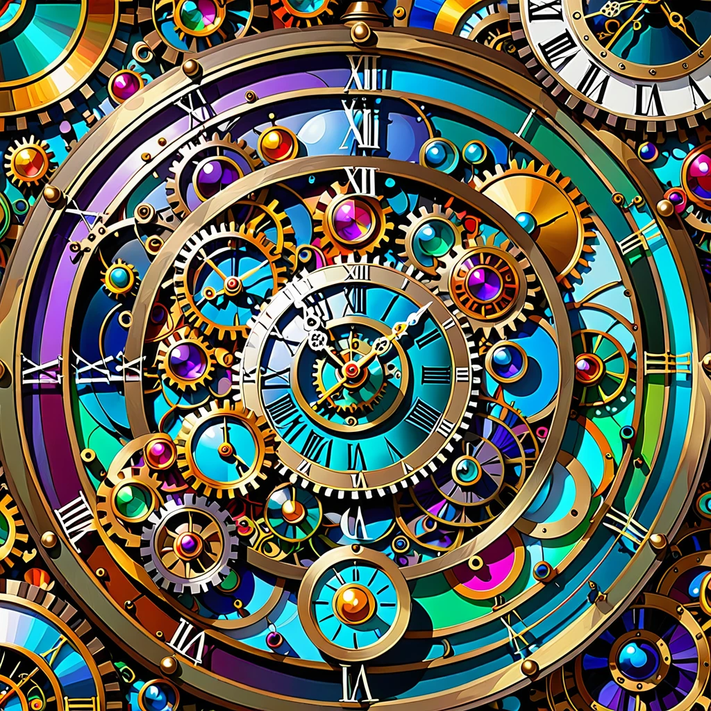 a close up of a clock with many different colored circles, elaborate digital art, maximalism digital art, the flow of time. complex shapes, intricate and epic composition, steampunk digital art, psychedelic surreal art, digital visionary art, digital steampunk art, intricate digital painting, intricate futurism, intricate digital art, digital intricate art, intricate detailed digital art, intricate digital artwork