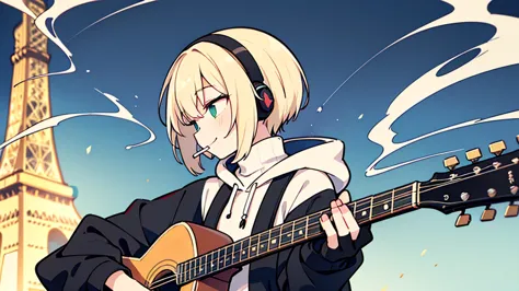 ((highest quality)), ((masterpiece)), (be familiar with), (playing guitar at the eiffel tower)short hair、perfect face,white half...