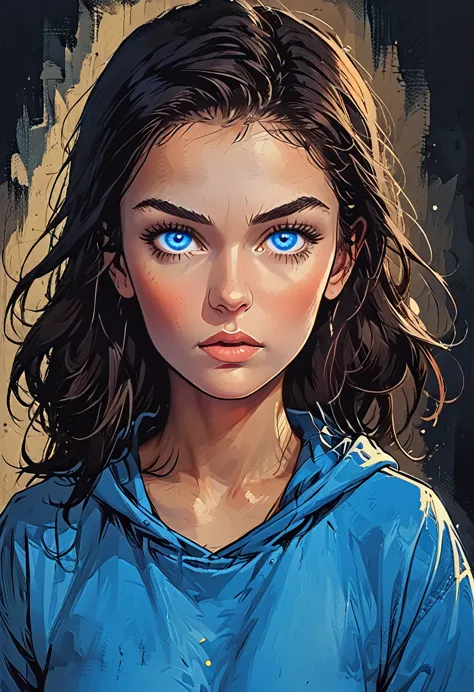 (hypnitized:1.4), (((glowing blue eyes, blue spiral eyes, blue kee eyes, ))) portrait girl in blue oversized hoodie at dark gree...