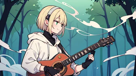 ((highest quality)), ((masterpiece)), (be familiar with), (playing guitar in the woods)short hair、perfect face,white half-up hai...