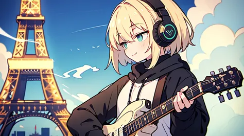 ((highest quality)), ((masterpiece)), (be familiar with), (playing guitar at the eiffel tower)short hair、perfect face,white half...