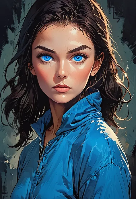 (hypnitized:1.4), (((glowing blue eyes, blue spiral eyes, blue kee eyes, ))) portrait girl in blue oversized hoodie at dark gree...