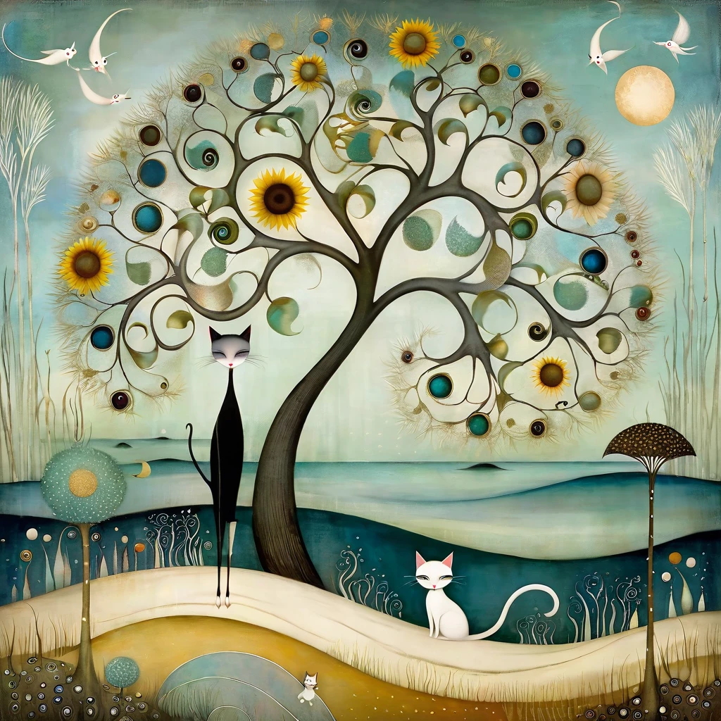 style inspired by Klimt, Nicoletta Ceccoli, Catrin Welz-Stein, Didier Lourenço, and Leonora Carrington. In the seascape of a beach, with dunes, grass, a large tree with many large branches moving in every direction. On the branches are cats, with long necks and tails and many colors, sleeping. sunflower and dandelion flowers.