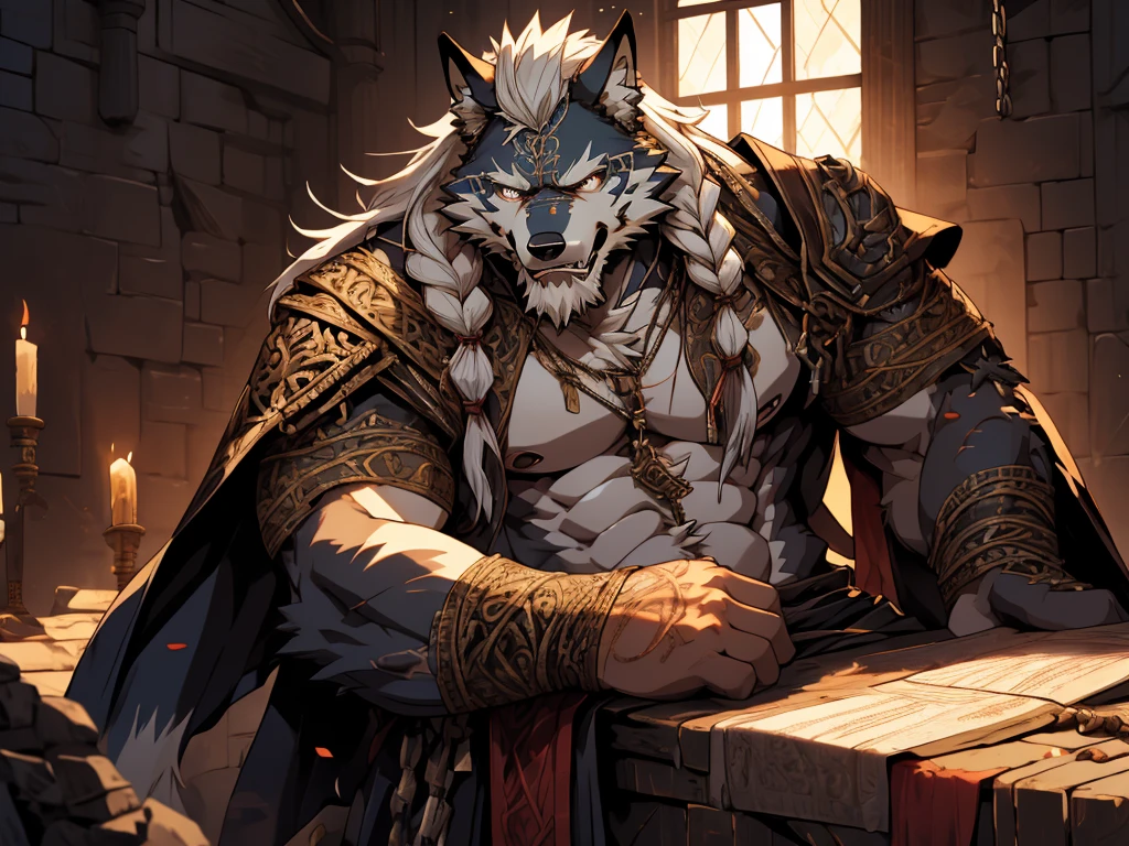 (masterpiece),(highres),(intricate details:1.4),extremely detailed,(illustration),incredibly detailed,photorealistic,8k,Anime headshot,exquisite,solo,aged male wolf,muscular,general,(damaged body:1.3),long hair,white hair,braided hair,long beard,heavy scar,naked,captured,imprisoned,dungeon,tortured,chains around body,(extreme pain:1.3),distressed,weak,delirious,malnourished,gaunt,(Warhammer 40K:0.8)