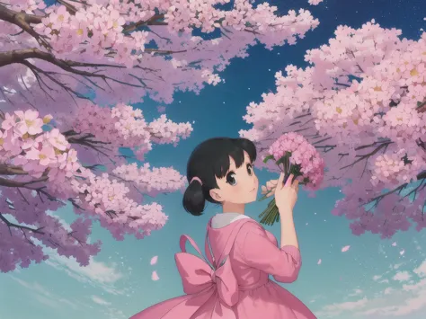 drsizukachan1,,1girl,solo,pink dress,looking_at_viewer, holding a bunch of flowers