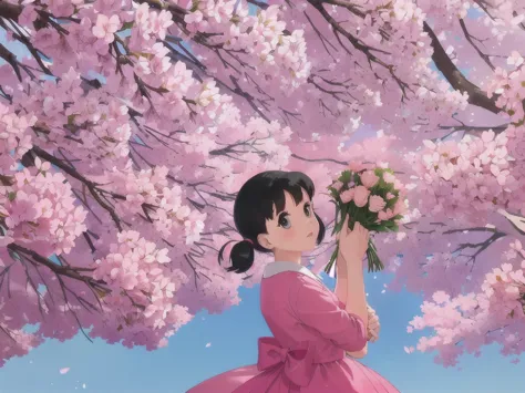 drsizukachan1,,1girl,solo,pink dress,looking_at_viewer, holding a bunch of flowers