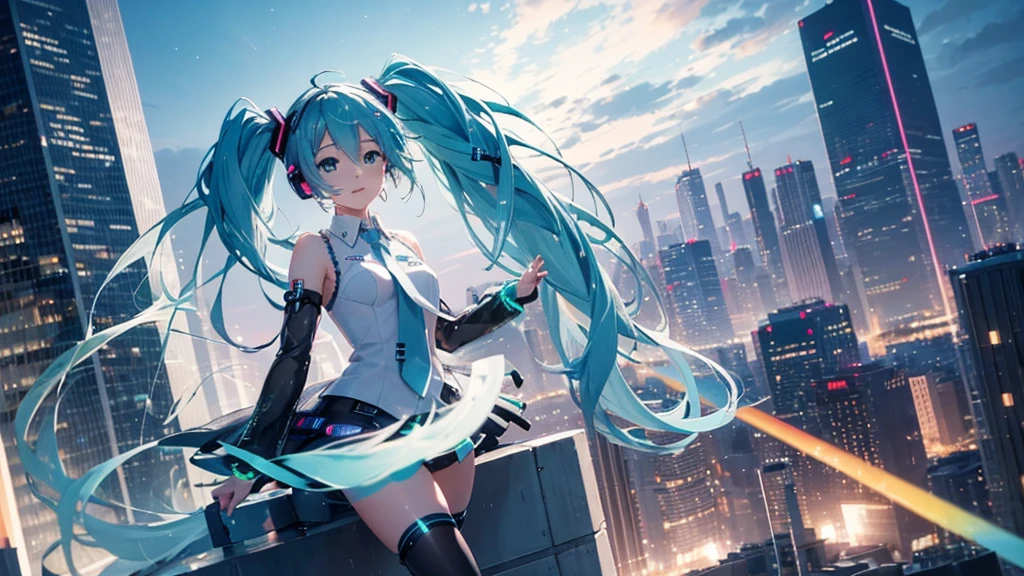 This painting depicts a scene from a city rooftop dance event featuring Hatsune Miku.。With the night view in the background、She performs energetically on the rooftop。The stage lights illuminated her futuristic outfit.、It blends in with the lights of the surrounding buildings.。