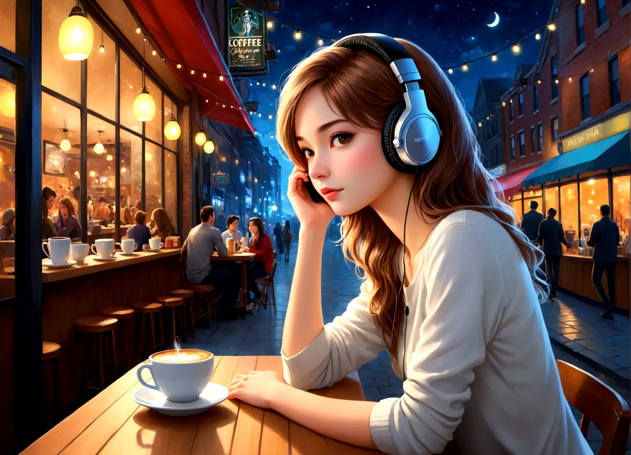 masterpiece, highest quality, beautifully (one girl), very detailed,colorful, most detailed、headphones on, (coffee shop backgrou...