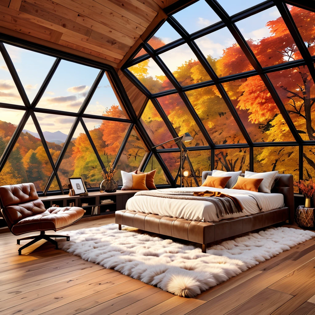 Design a cozy and luxurious bedroom inside a geodesic dome with large triangular windows offering a stunning view of autumn foliage. The room features a comfortable bed with plush pillows and warm blankets, surrounded by soft lighting from bedside lamps. Include a tufted ottoman and a cozy armchair with a fur throw, creating a relaxing seating area. The wooden floor is adorned with a fluffy rug to enhance the warm and inviting atmosphere. Add a small bookshelf and a few decorative items to complete the look, ensuring the space feels both elegant and homely