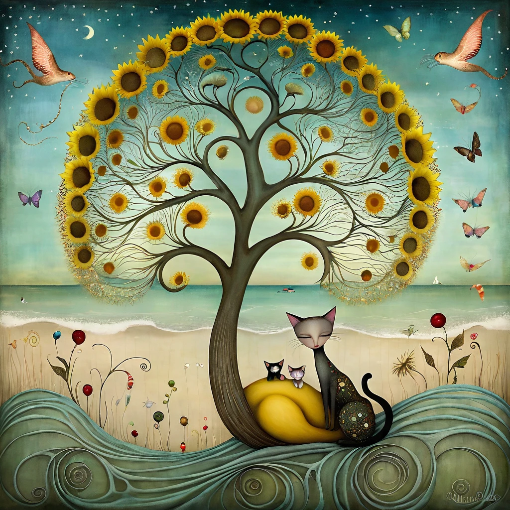 style inspired by Klimt, Nicoletta Ceccoli, Catrin Welz-Stein, Didier Lourenço, and Leonora Carrington. In the seascape of a beach, with dunes, grass, a large tree with many large branches moving in every direction. On the branches are cats, with long necks and tails and many colors, sleeping. sunflower and dandelion flowers. style inspired by Klimt, Nicoletta Ceccoli, Catrin Welz-Stein, Didier Lourenço, and Leonora Carrington. In the seascape of a beach, with dunes, grass, a large tree with many large branches moving in every direction. On the branches are cats, with long necks and tails and many colors, sleeping. sunflower and dandelion flowers.

