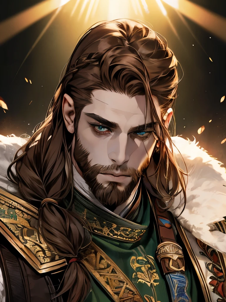 아주 잘생긴 남자, 긴, 밝은 갈색 머리, 꼰, 잘 손질된 수염, 밝은 녹색 눈, 전쟁의 신, 티르