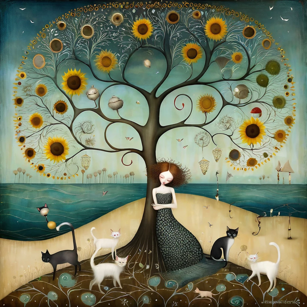 estilo inspirado en Klimt, Nicoletta Ceccoli, Catrin Welz-Stein, Didier Lourenço, y Leonora Carrington. En el paisaje marino de una playa, con dunas, césped, un árbol grande con muchas ramas grandes que se mueven en todas direcciones. Al pie del árbol yace una mujer con pechos pequeños. Cerca de ella hay gatos, con cuellos y colas largos y de muchos colores, durmiendo. flores de girasol y flores de diente de león.