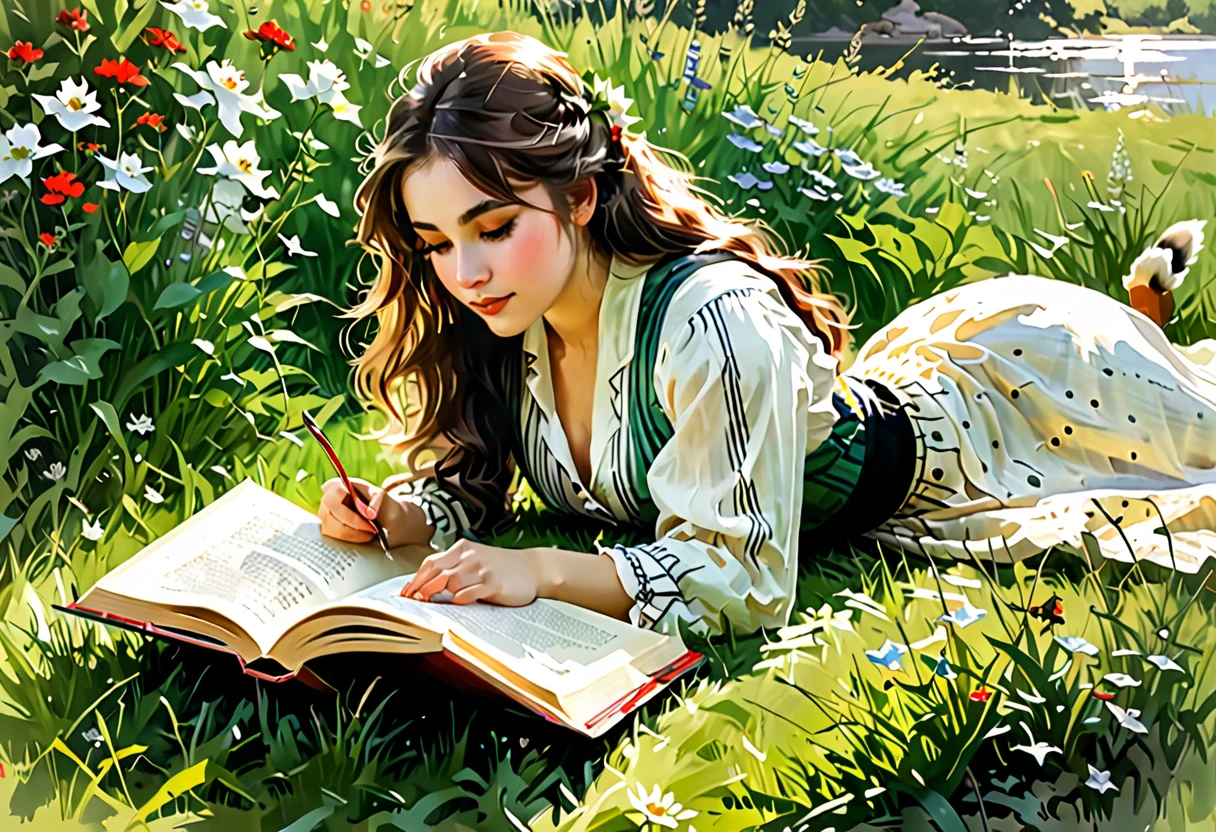 obra de arte, Uma linda garota está de bruços no gramado e lendo um livro., pintura no estilo de Anders Zorn, Alexi Brilo, Luisa Royo, Estúdio Ghibli Genshin Impact