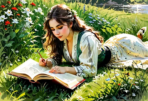 masterpiece, a beautiful girl lies on her stomach on the lawn and reads a book, painting in the style of Anders Zorn, Alexi Bril...