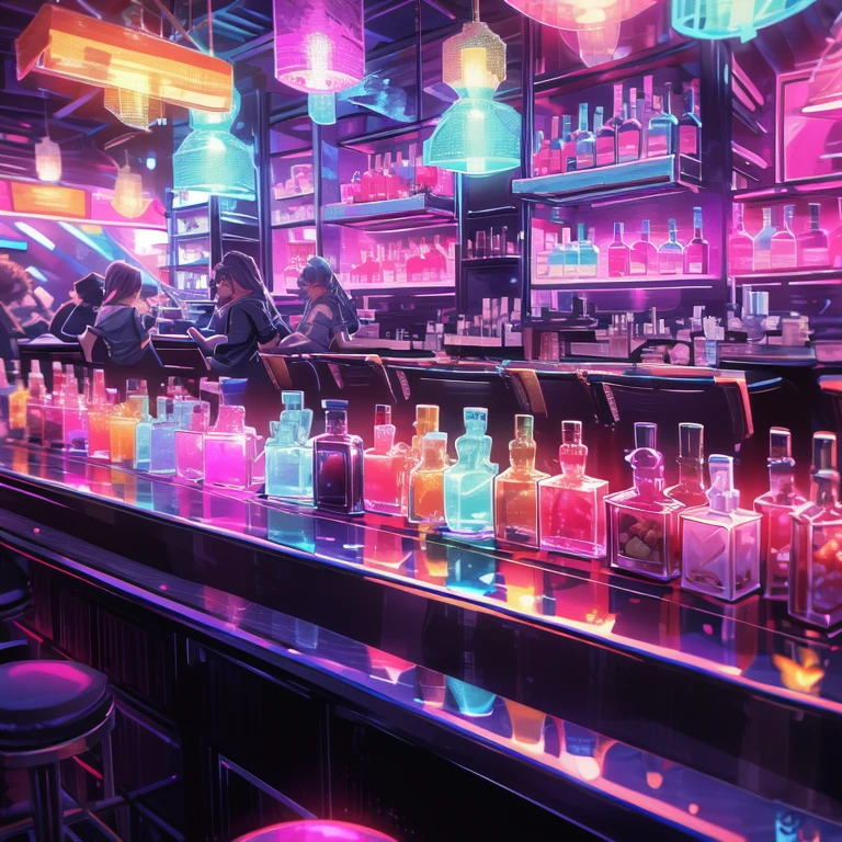 Le Retro Wave Tech Bar à côté du bar à cocktails de Miami Beach sert des cocktails délicieux et colorés，Plein de saveur sombre de synthwave, illustration, Complexe, couleurs industrielles, (Style de photographie culinaire :1.3), appétissant, professionnel, cuisson, haute résolution, Commercial, très détaillé, (lumières tamisées:1.15), (aberration chromatique:0.95), (Tir d&#39;en haut, macrophotographie:0.9), objectif 15 mm, se concentrer, (photographie de nuit:1.05)