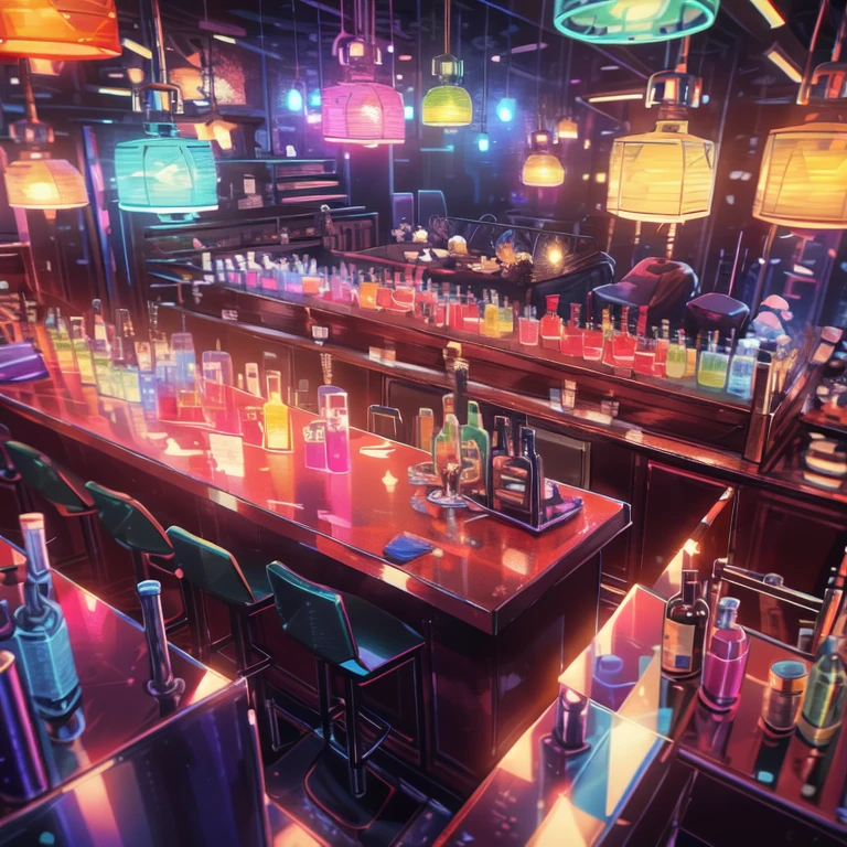 Retro Wave Tech Bar Next To Miami Beach Cocktail Bar Serves Delicious And Colorful Cocktails，Full of dark synthwave flavor, illustration, complex, industrial colours, (Food Photography Style :1.3), appetizing, professional, cooking, high resolution, commercial, Very detailed, (Dim Lights:1.15), (Chromatic Aberration:0.95), (Shooting from above, Macro photography:0.9), 15mm lens, focus, (Night Photography:1.05)