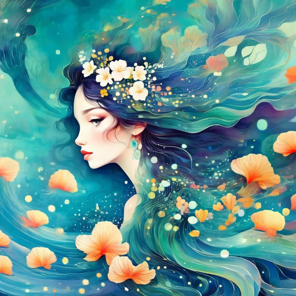 Sereia da Ilha Tropical, de Victo Ngai e Anna Dittmann, florpunk, sereno estilizado, oceano, Ukiyo-e, Beksinski, leonid afremov