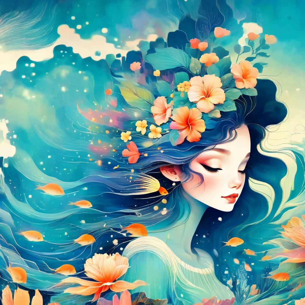 Tropical Island Mermaid von Victo Ngai und Anna Dittmann, flowerpunk, heiter stilisiert, Ozean, ukiyo-e, Beksinski, Leonid Afremow