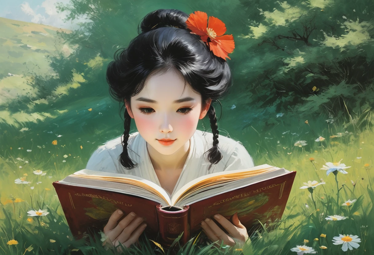 masterpiece, a beautiful girl lies on her stomach on the lawn and reads a book, painting in the style of Anders Zorn, Alexi Brilo, Luisa Royo, Studio Ghibli Genshin Impact